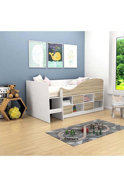 Danube Home Kinder 90x190 Cabin Bed with Storage - White & Sonoma Oak L195.5xW106.7xH94.5cm