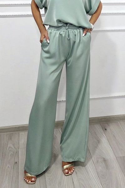 FashionForYou Pantaloni lungi și fluidi LYRA, croială largă cu bandă elastică, Vernil