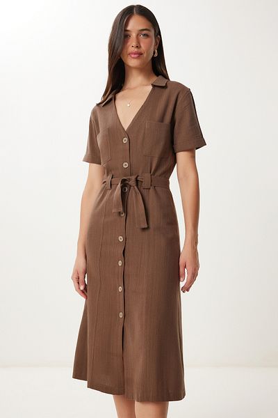 Lovelyİstanbul Belted Midi Linen Shirt Dress Hcr0002 Brown