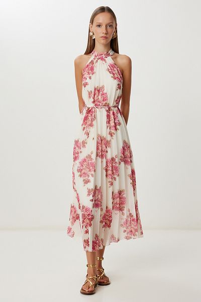 Lovelyİstanbul Patterned Pleated Midi Chiffon Dress Lub0155 Pink Cream