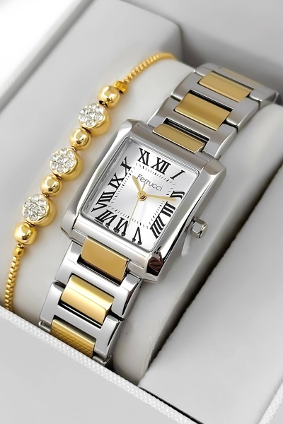 Ferrucci ساعة يد نسائية بهيكل من الفولاذ وسوار من الفولاذ، مقاومة للماء حتى 3...