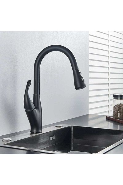 CasaVie Baterie de bucatarie Kochen Matte, negru mat, cu 2 functii de curgere si dus extractibil, cod 1382