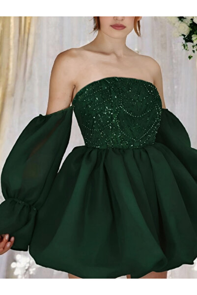 DADUCOLLECTİON Green Balloon Skirt Embroidered Evening Dress Party Dress