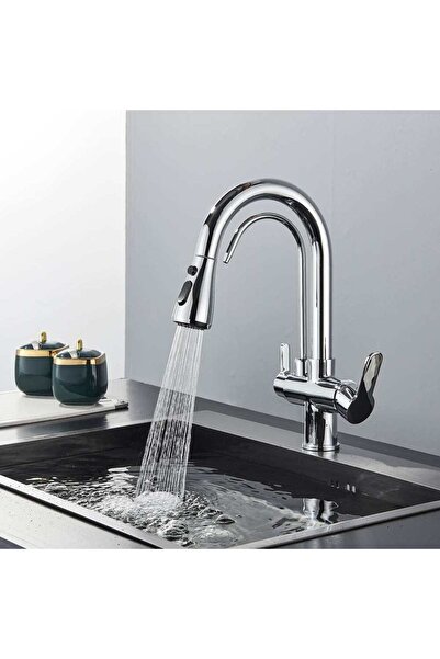 CasaVie 3-way kitchen faucet, shiny silver, with 2 flow functions and pull-out shower, code 1461