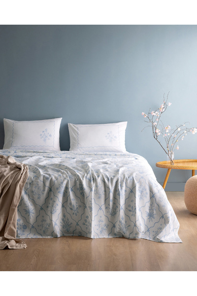 Madame Coco Rotule Double Bed 100% Cotton Brother Printed Pique Set - Blue