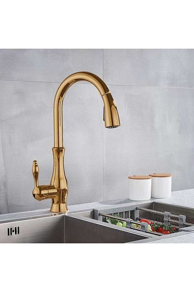 CasaVie Baterie de bucatarie, aurie, cu furtun extractibil si 2 functii de curgere a apei, cod 1322