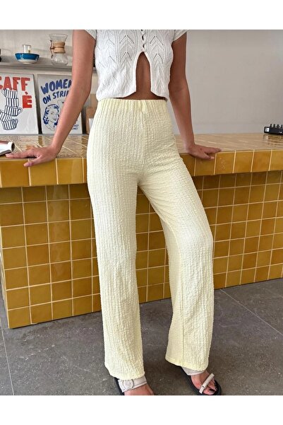 style of style Sarı Bürümcük Gofre Kumaş Ultra Esnek Pantolon