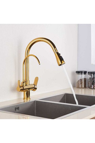 CasaVie Baterie de bucatarie cu 3 cai, auriu lucios, cu 2 functii de curgere si dus extractibil, cod 1506