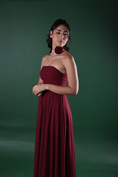 berissima bride Valeria Straplez Çiçek Detaylı Şifon Abiye Elbise