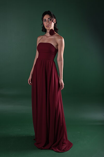 berissima bride Valeria Straplez Çiçek Detaylı Şifon Abiye Elbise