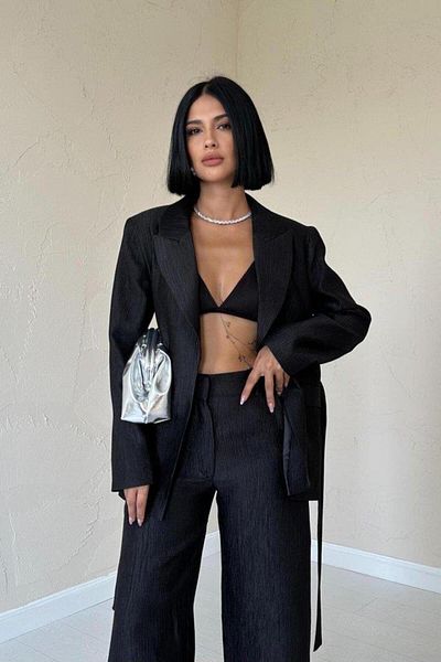modamtn Black Belted Waist Jacket and Trousers Shiny Set