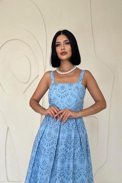 etol textile Blue Strappy Apparatus Embroidered Dress