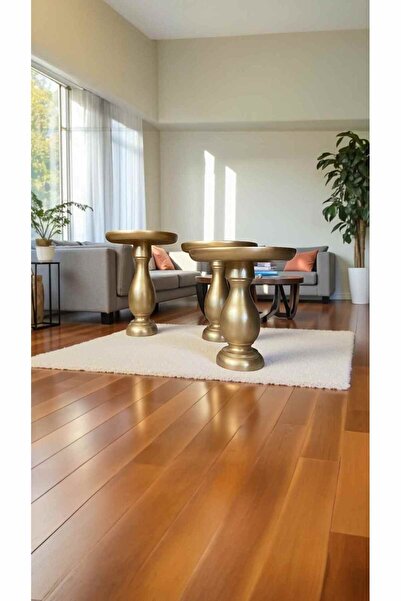 Simillo Home&Living 3’lü Ahşap Mantar Sehpa Seti – Altın Varak Renkli Lüks Ya...