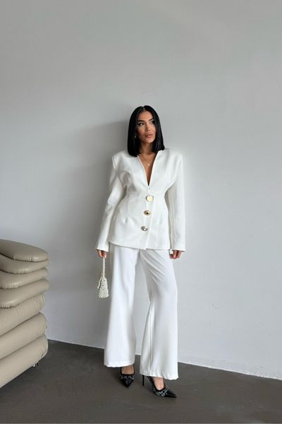 modamtn Design Jacket-Pants Suit Metal Button Detail - White