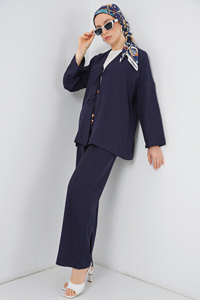 Bigdart Women's Linen Kimono Double Set 6727 - Navy Blue