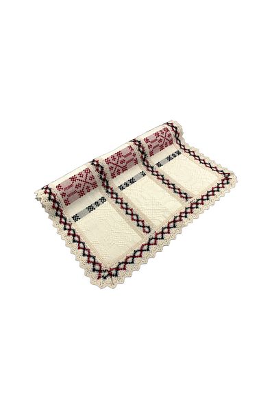 Nicoratex Cream tablecloth with red and black insertion and lace on edges, 110×60 cm