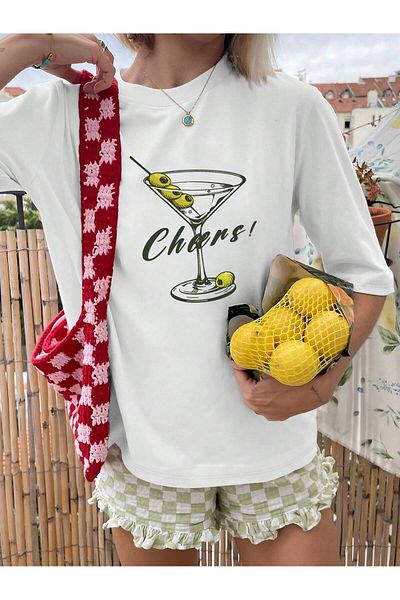 aynewmoda Women's Fashion Short Sleeve Shoulder Strap T-Shirt Creative Drink Printed One Piece T-Shirt