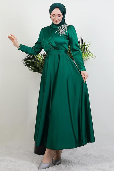 GİYZAMİLA Shoulder Stoned Satin Evening Dress Emerald