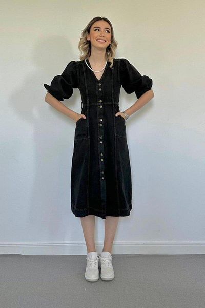 OFFO Rochie neagră din denim cu mânecă cu balon