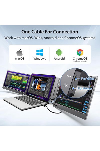 Qova Extendable and Portable Laptop Monitor, 14-Inch FHD 1080P IPS Display, 360° Foldable, Dual Monitor