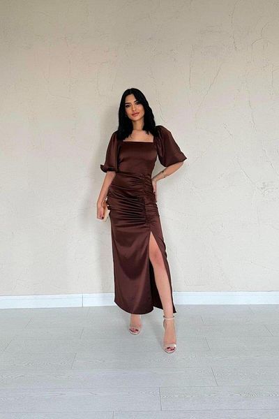 velmorafashion Brown Gathered Satin Dress