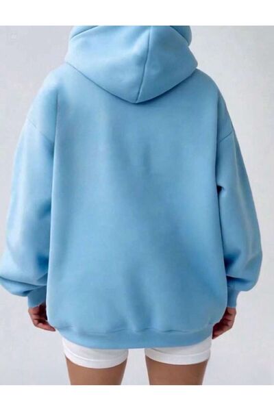 trendgar Açık Mavi Kapşonlu Kanguru Cep Sweatshirt Hodie