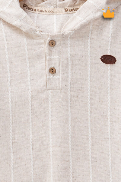 Babyhola 0-2 Years 100% Cotton Linen Hooded Top Bottom 2-Piece Baby Boy Kids Suit Ecru 2209