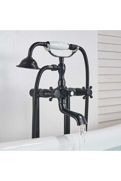 CasaVie Baterie freestanding retro, negru mat cu bronz pe margine, 2 functii de curgere, cod 1532