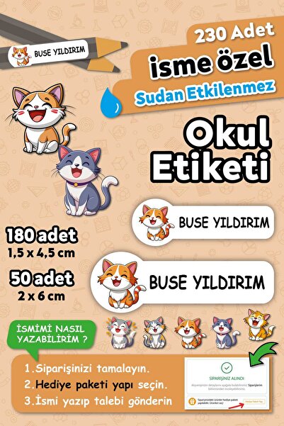 HediyeHanesi Sevimli Kediler Tasarımlı İsimli Defter Kalem Okul Etiketi, Yırt...