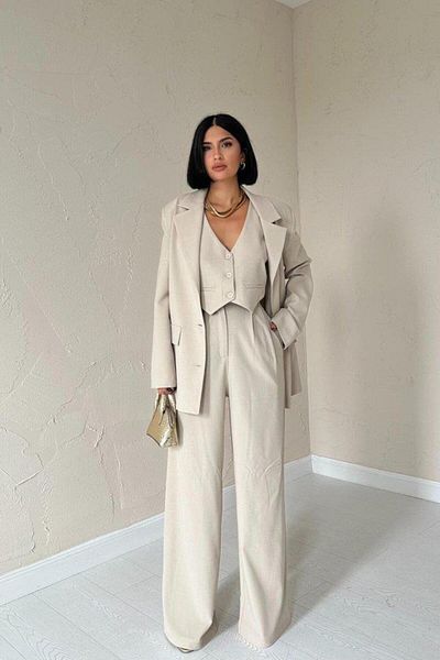 modamtn Beige Classy Jacket, Vest and Pants Set