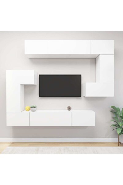 vidaxl مجموعة خزانة تلفزيون من 8 قطع من الخشب الهندسي الأبيض