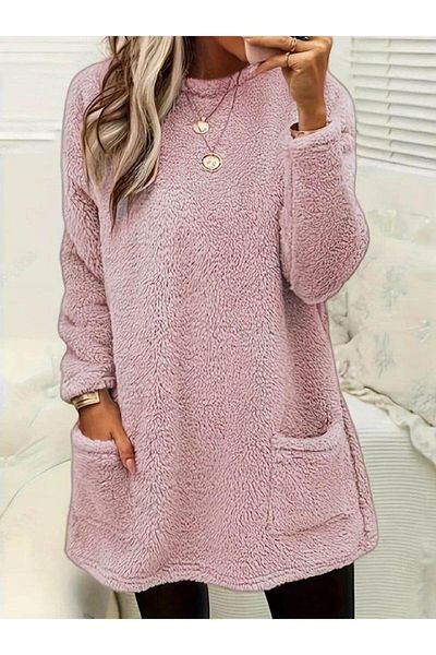 modamtn Women's Long Sleeve Round Neck Plush Blouse with Pockets