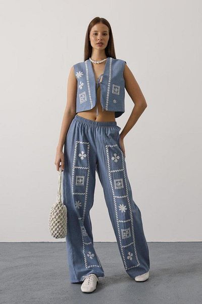 Silerra Printed Tie Front Vest Suit - Indigo