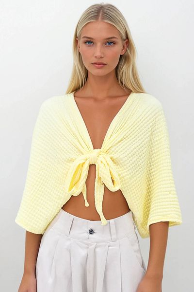 VAGGON Women's Yellow Bat Sleeve Tie Detail Wrap Crop Blouse Prmx14279
