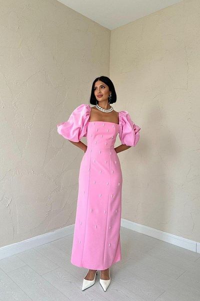 modamtn Pink Embroidered Sleeve Garnished Dress