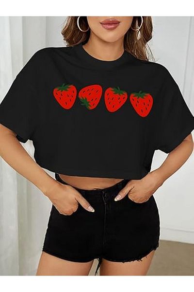 aynewmoda Strawberry print t-shirt, comfortable strawberry print crop top for fruit lovers
