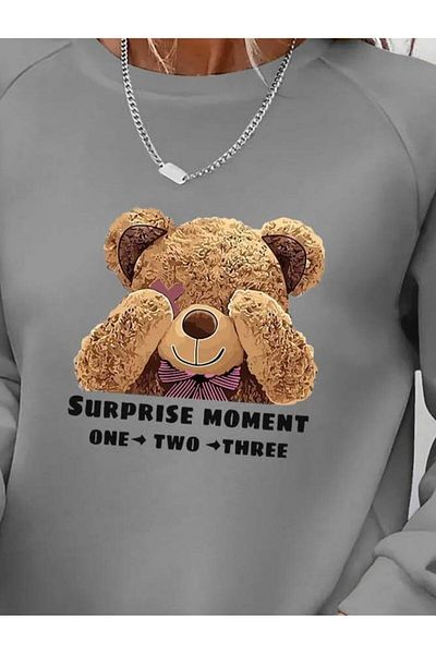 modamtn Women's Long Sleeve Crew Neck Teddy Bear Print Viscose Two Thread Blouse