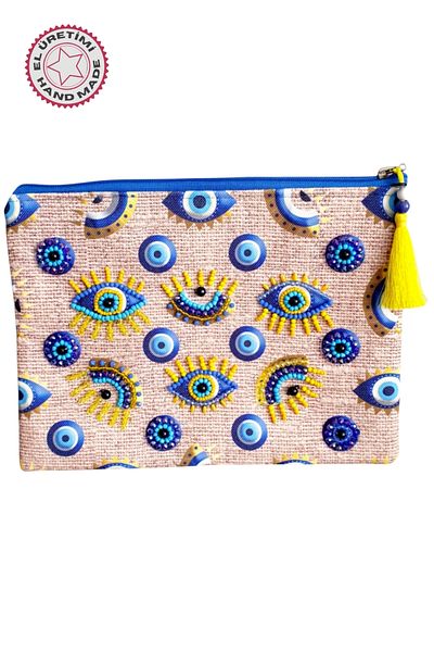 Uretti - Sümeyya 2589 1313 Geantă clutch cu mărgele și model de ochi cu ciucuri brodate cu mărgele