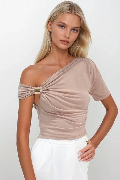 VAGGON Women's Mink Asymmetric Collar Draped Shoulder Accessory Sandy Blouse Prmx13894