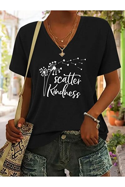 FUFLUNS تي شيرت نسائي كبير الحجم برقبة على شكل حرف V مطبوع عليه JUST BREATHE