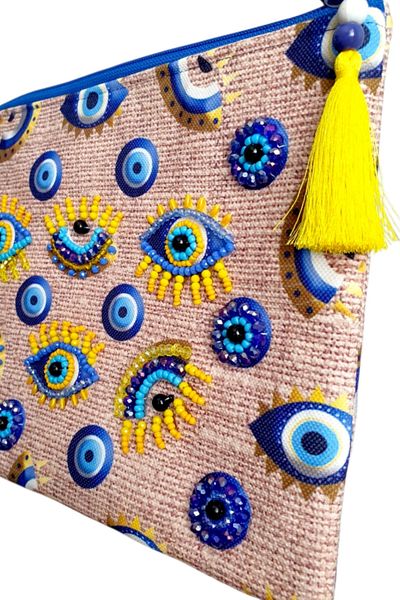 Uretti - Sümeyya 2589 1313 Geantă clutch cu mărgele și model de ochi cu ciucuri brodate cu mărgele