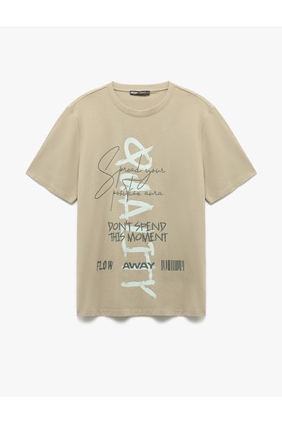 Koton Crew Neck Regular Fit Short Sleeve Cotton Slogan Print T-Shirt