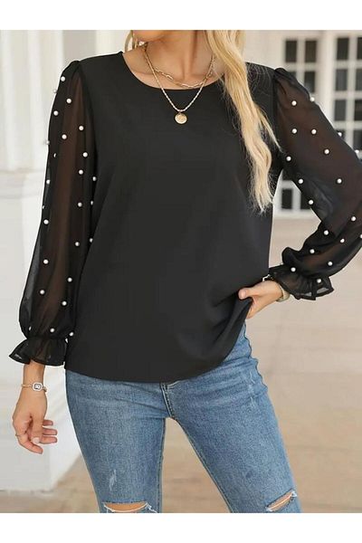 modamtn    Women's Long Sleeve Crew Neck Sleeves Pearl Tulle Detailed Imported Crepe Blouse