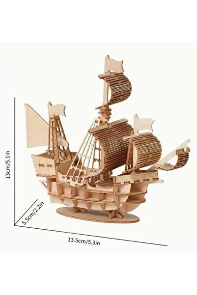 Generic 3D Wooden Puzzle Pirate Ship Model Kit, DIY Assembly Sailing Vessel, 13.5x13x5.5cm