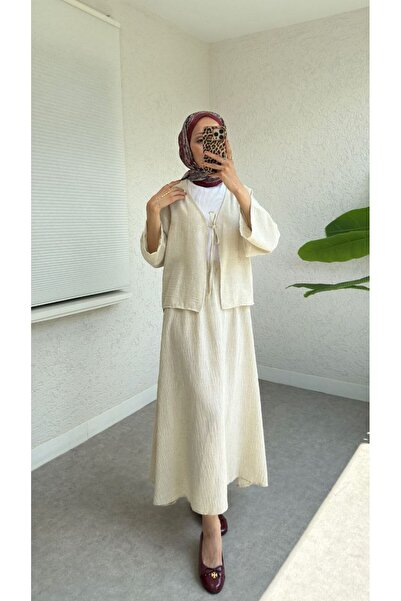 BisuModa KETEN KUMAŞ BAĞLAMALI ETEKL,İ TAKIM