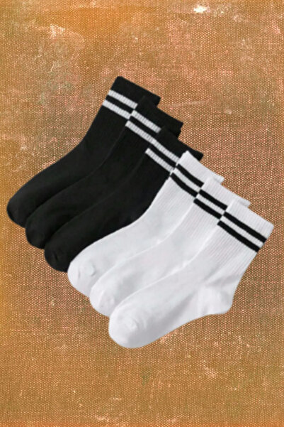 İbrahim Berk 6 Çift Uzun Erkek Spor Tenis Çorap Düz Çizgili Desenli Sporcu Çorabı