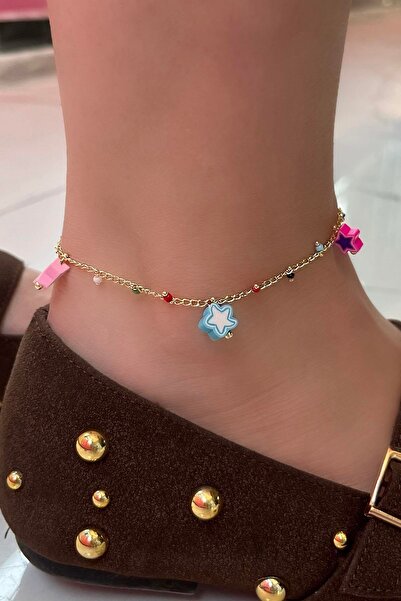 TAKIŞTIR Gold Color Star Figured Bead Detailed Ysx Anklet