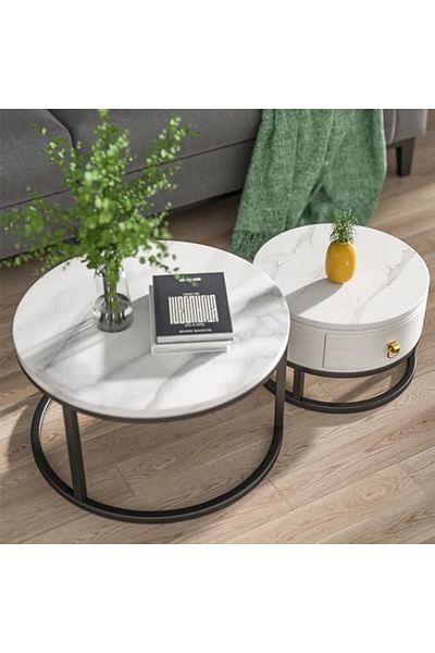 Türkiye Coffee Table Nesting Table Round Coffee Table with Storage Suitable Black Frame Round Marble Pattern