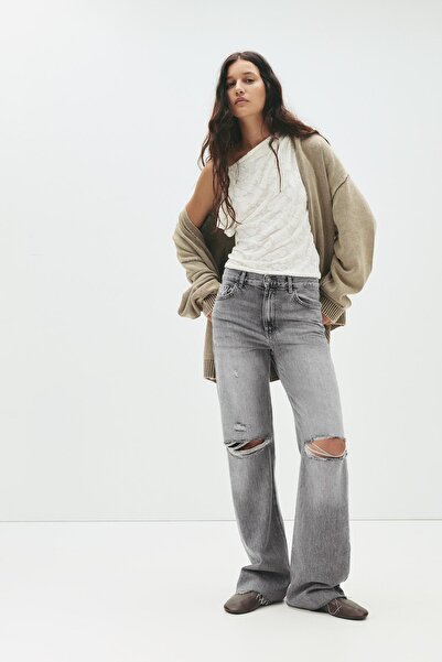 Pull & Bear Yırtık yüksek bel düz kesim jean