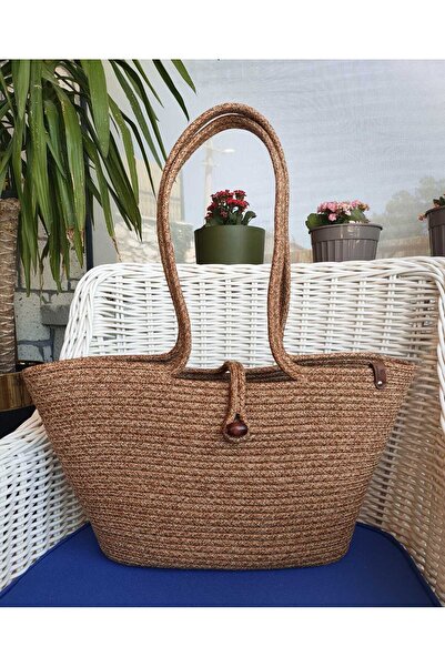 REYGON TEKSTİL Hasır Renk Düğmeli Omuz Çantası Plaj Çantası Günlük Çanta Uzun Saplı